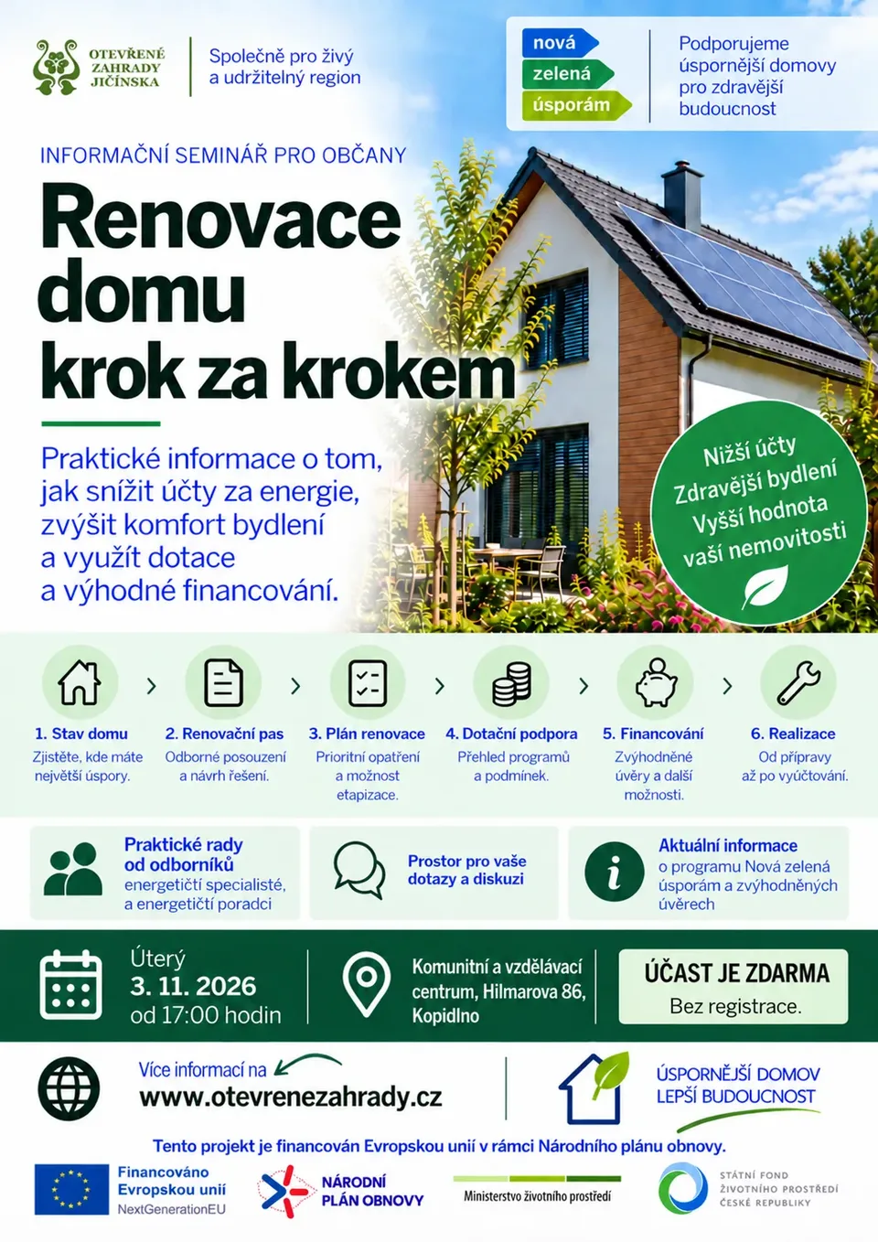 Plakát semináře o renovaci domů
