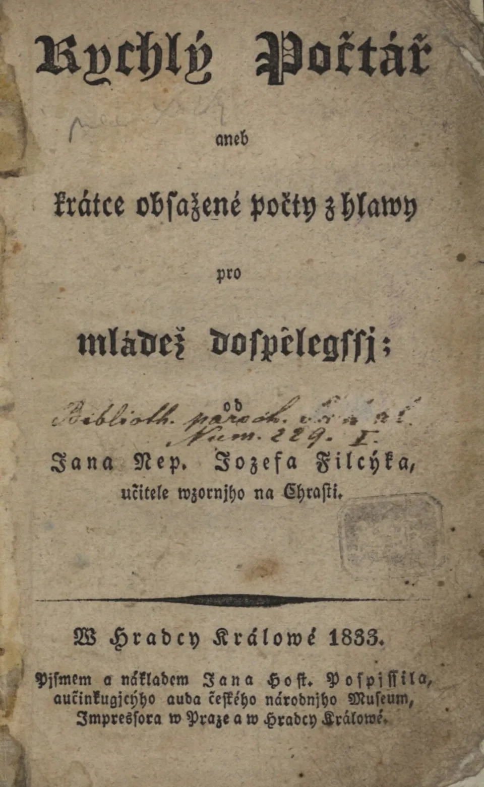 Rychlý počtář, Filcíkova učebnice počítání z hlavy (1833)
