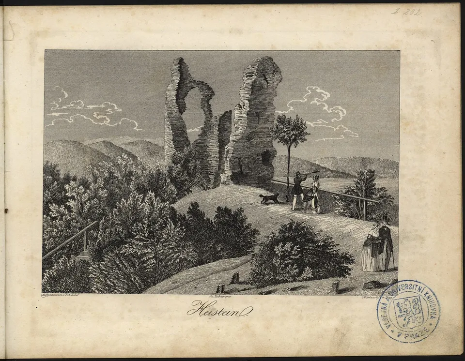 Zřícenina hradu Starý Herštejn kolem roku 1843, rytina podle kresby F. A. Hebera