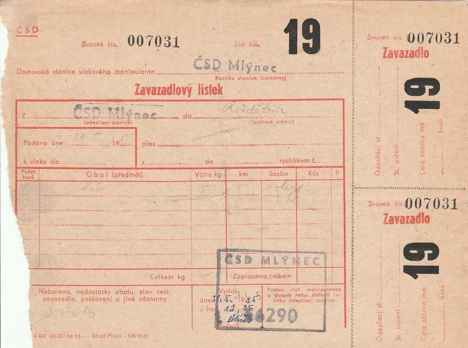 Zavazadlový lístek ze zastávky Mlýnec do Rožďalovic, 1985